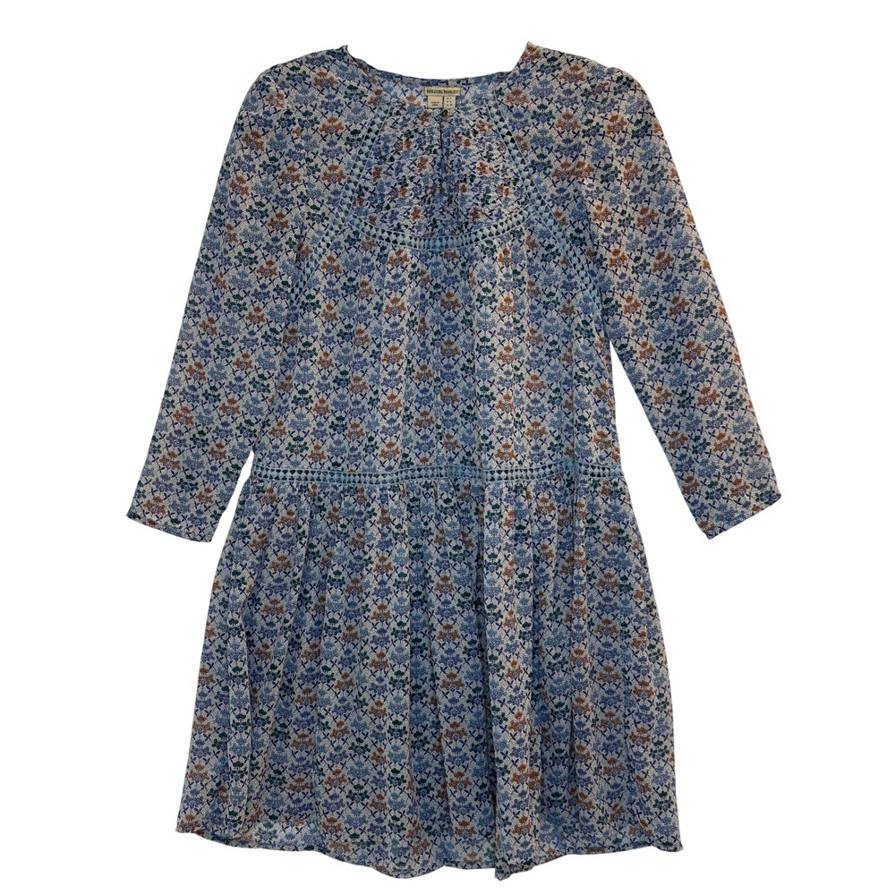 Holding Horses Floral Print Long Sleeve SHEER‎ Tiered Dress Size 2 Blue Boho